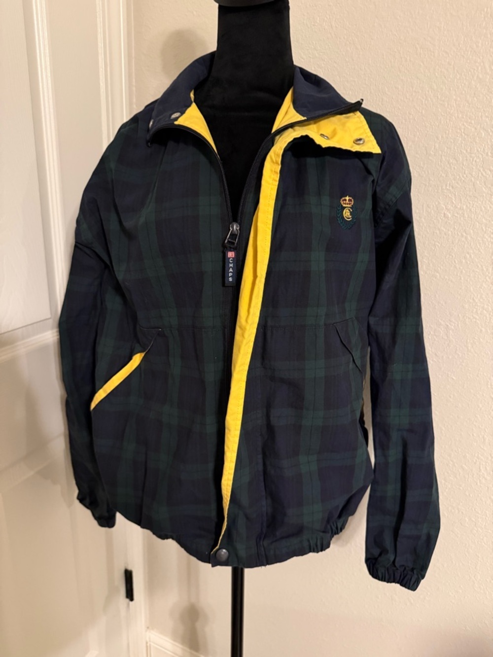 Chaps Green and Navy Plaid Windbreaker with Black Mesh Lining - 90s